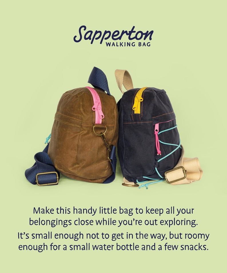 May include: Two small, waxed canvas walking bags. One is brown with a pink zipper and blue straps, the other is navy with a yellow zipper and pink accents. The bags have the text "Sapperton WALKING BAG" at the top.