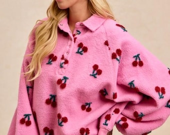 Cherry Patterned Sherpa Snap Buttoned Top