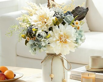 Seide künstliche Dahlie Hortensie Blumen Vase Anordnung Home Office Tischdekoration
