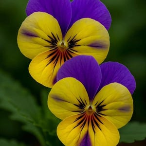 May include: Close-up of two pansy flowers. The petals are a vibrant yellow with dark purple and black markings radiating from the center. The top petals are a deep purple. The background is a blurred green.