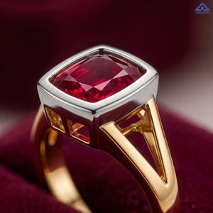 Tvåfärgad guldring med fyrkantig rubinbezel, 1,20 karat kuddröd rubin solitär, vintage-stil öppen galleriring, ZenviaJewelers