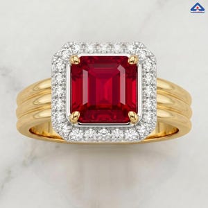 22K Yellow Gold Emerald Cut Ruby Ring with Diamond Halo, Vintage Channel Set Ruby Shoulder Statement Ring, Two Tone Luxury Cocktail Ring