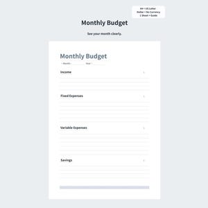 Könnte beinhalten: Eine weiße, druckbare monatliche Budgetvorlage mit dem Titel "Monatliches Budget" oben. Die Vorlage enthält Abschnitte für Einnahmen, Fixkosten, variable Ausgaben und Ersparnisse. Der Text "See your month clearly" ist ebenfalls enthalten.