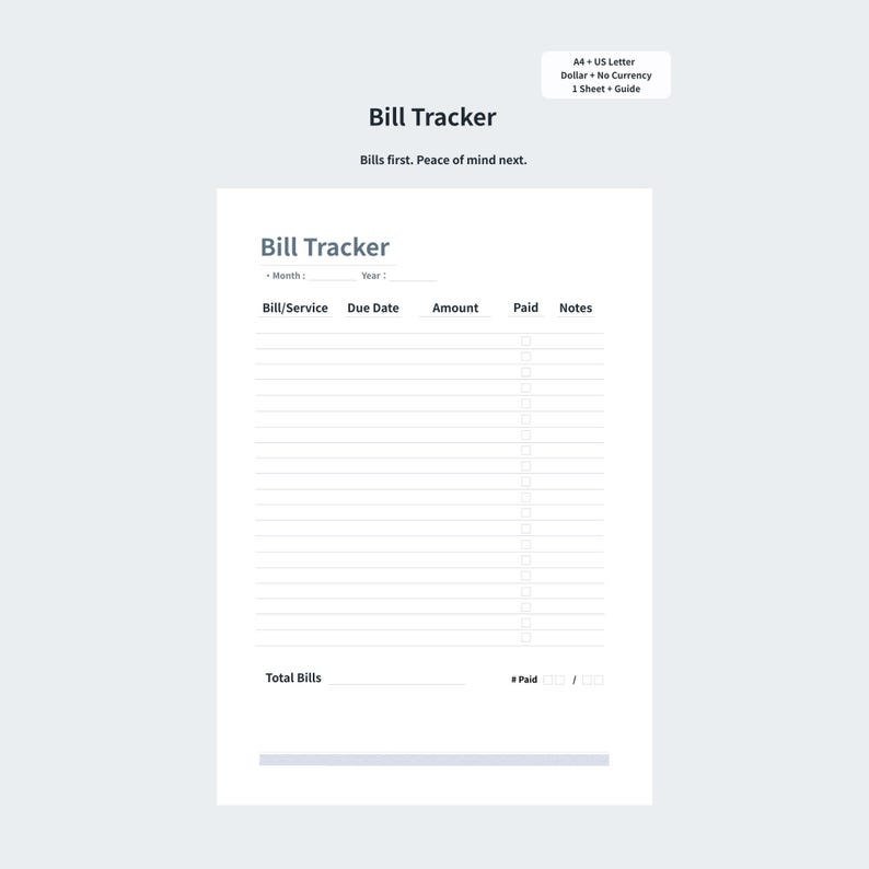 Bill Tracker Printable — Monthly Bills & Due Dates (A4/US Letter ...