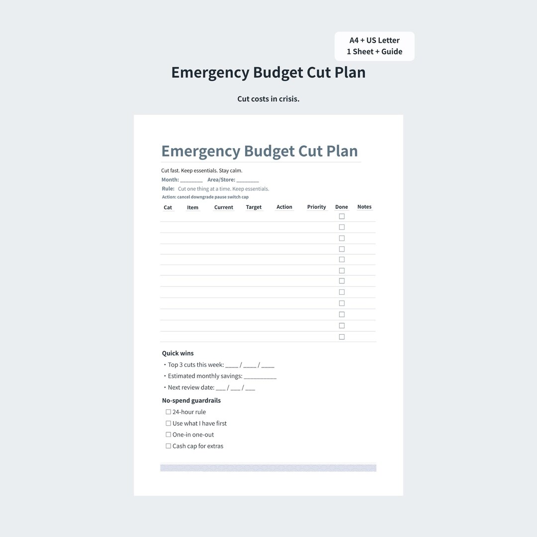 Sample Disaster Program Budget Emergency Budget Cut Plan Printable | Crisis Spending Cut Sheet (A4/US ...