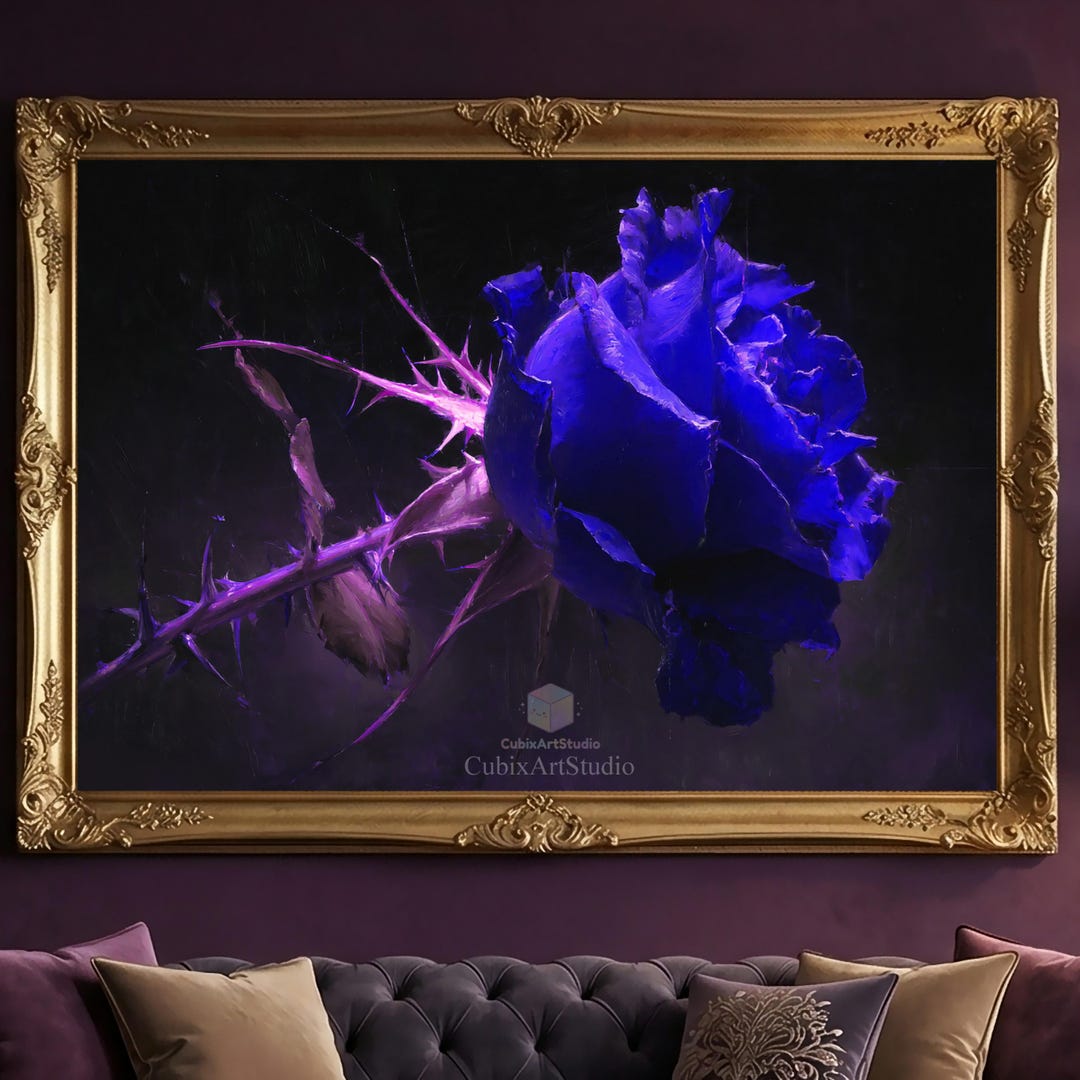 Blue Rose Oil Painting, Dark Floral Wall Art - Etsy