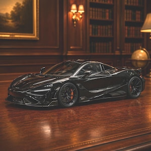 Modellino in scala della McLaren 765LT: un'auto di lusso da collezione, perfetta per l'esposizione.