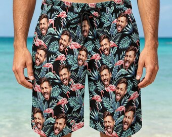 Custom Face Hawaiian Swim Trunks for Men , Personalized Photo Beach Shorts,Bachelor Party Shorts