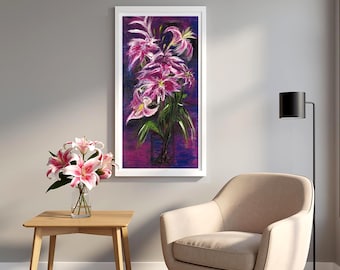 Stargazer Lilies Acrylgemälde Druck - Lebendiges Rosa Floral Wandbild, Matte Papier oder Leinwand