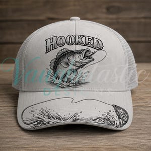 May include: A light gray trucker hat featuring a black and white graphic of a fish jumping out of water with a fishing lure in its mouth. The word HOOKED is printed in a bold, arched font above the fish, and a fishing line design extends onto the brim.