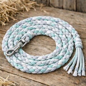 Può includere: Guinzaglio in corda intrecciata, disposto a spirale. La corda è composta da fili azzurri, grigi e bianchi. Presenta un moschettone in metallo argentato e un fiocco coordinato. Appoggiato su una superficie di legno.