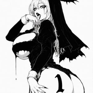 May include: Black and white illustration of a figure in a nun's habit with a thorny halo. The figure has long blonde hair, dark makeup, and is sticking out their tongue. The number 1 is printed on the figure's backside.