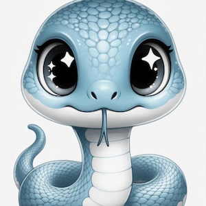 May include: A cartoon illustration of a pale blue snake with large, expressive eyes. The snake has a white underbelly and a forked tongue. The eyes have star-shaped highlights, and the snake is curled up in a playful pose.