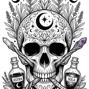 May include: Black and white illustration of a skull with a crescent moon and star design. Two bottles with the text "ASTRA" and "SOLA" are on either side of the skull. Two crystal wands are crossed in front of the skull.