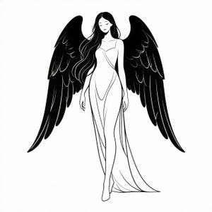 May include: A black and white line art illustration of a figure with long flowing hair and large, detailed black wings. The figure wears a long, simple gown with thin straps and stands in a graceful, upright position with eyes closed.