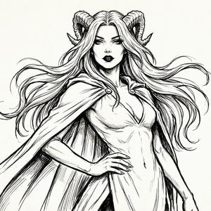 Op de afbeelding: Een zwart-witte inktillustratie van een figuur met lang golvend haar en gekromde hoorns. De figuur draagt een eenvoudige jurk en een gedrapeerde cape die bij de schouders is vastgemaakt. De lijnen zijn scherp en gedetailleerd, waarbij de textuur van het haar en de plooien van de stof worden vastgelegd in een contrastrijke, monochrome artistieke stijl.