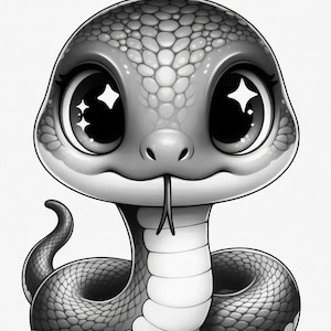 Può includere: Illustrazione in scala di grigi di un serpente dei cartoni animati con grandi occhi espressivi. Il serpente ha una testa arrotondata, una lingua biforcuta e un corpo arrotolato. Il design è semplice e carino, con un focus sull'aspetto amichevole del serpente.