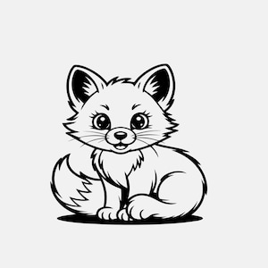 May include: A black and white illustration of a cartoon fox in a sitting position. The fox has large, expressive eyes, pointed ears, and a fluffy tail. The design is simple and clean, with a focus on the fox's features.