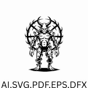 Pode incluir: Ilustração a preto e branco de uma figura demoníaca com chifres, rosto esquelético e físico musculoso. A figura é circundada por um halo espinhoso e vinhas. O texto "AI.SVG.PDF.EPS.DFX" é exibido na parte inferior.