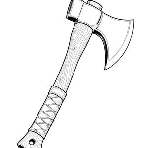 May include: A black and white line art illustration of a hatchet featuring a curved metal blade and a wooden handle. The handle displays a detailed wood grain texture and a wrapped grip section near the base, which includes a small circular hole.