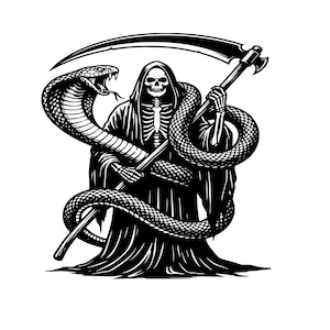 May include: A monochrome illustration of the Grim Reaper, a skeletal figure in a hooded cloak, holding a scythe. A large snake is coiled around the Reaper. The snake's scales are intricately detailed.