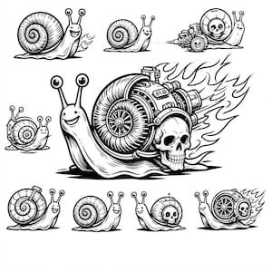 Könnte beinhalten: Eine Sammlung von Schwarz-Weiß-Illustrationen von Schnecken. Einige Schnecken haben lächelnde Gesichter, während andere Schädel auf ihren Gehäusen haben. Eine Schnecke wird mit einem schädelartigen Motor und Flammen dargestellt.