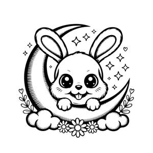 以下が含まれることがあります： 三日月の上から覗く可愛いウサギの白黒イラスト。ウサギは大きな目を持ち、星、雲、花に囲まれています。気まぐれなデザイン。