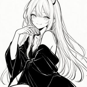 May include: A black and white line art illustration of a character with long flowing hair and two horns on their head. The character is wearing a dark robe with wide sleeves and has a subtle smile, with one hand resting near their chin.