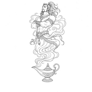Può includere: Un'illustrazione a linee in bianco e nero di un genio che emerge da una tradizionale lampada a olio. Il genio ha capelli lunghi, un pizzetto e le braccia incrociate, indossa gioielli ornati e una fascia. Fumo vorticoso forma la parte inferiore.