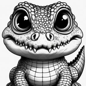 May include: Black and white illustration of a cartoon alligator with large, expressive eyes. The alligator has a textured, scaled body and a toothy grin. The image is a cute, stylized depiction of a reptile.