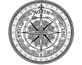 Ornate Compass Rose SVG Vintage Compass PNG Nautical Windrose Tattoo Line Art Map Vector Clipart Cricut Silhouette Digital Cut File