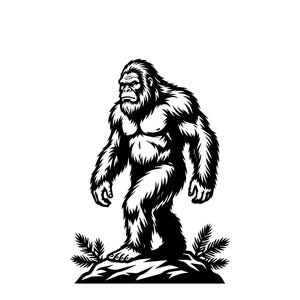 May include: A black and white illustration of a Bigfoot, also known as Sasquatch, standing on a rocky surface with foliage. The creature is depicted with a muscular build and a stern expression, with a full body of fur.