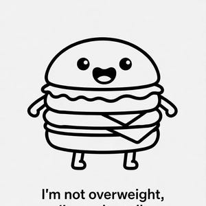 May include: A black and white cartoon drawing of a smiling burger with arms and legs. The text below says, "I'm not overweight, I'm under-tall."
