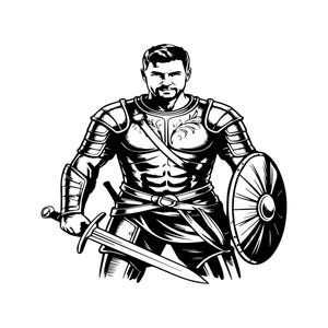 以下が含まれることがあります： 剣と盾を持つ、鎧を着た戦士の白黒イラスト。戦士は真剣な表情で、詳細な鎧とベルトを着用しています。盾は中央にデザインのある円形です。