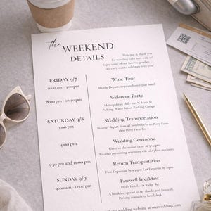 May include: A printed wedding itinerary titled "The Weekend Details" with event times and locations. Includes a to-go coffee cup, sunglasses, a pen, and a perfume bottle. A suitcase and money are in the background.