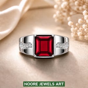 Könnte beinhalten: Ein silberner Ring mit einem großen, rechteckigen, tiefroten Edelstein in der Mitte. Der Ring hat ein breites Band mit kleinen, klaren Steinen auf jeder Seite des zentralen Steins. Der Text "NOORE JEWELS ART" steht unten.