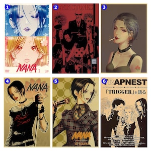 Può includere: Collezione di poster anime con i personaggi della serie "Nana". I poster presentano varie illustrazioni dei personaggi, con testo come "Black Stones" e "Trigger". La tavolozza dei colori include rosso, nero e beige.
