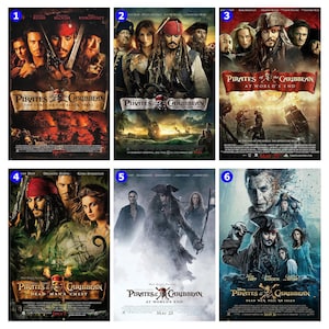 May include: Six film posters from the "Pirates of the Caribbean" series. The posters feature actors such as Johnny Depp and Orlando Bloom. The posters have a dark, adventurous theme with pirate ships and characters.