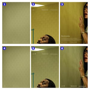 Peut inclure: Affiche de film pour "Backrooms" avec un schéma de couleurs jaune et vert. Les affiches présentent un homme regardant vers le haut, une main de femme sur un mur et le titre du film. Le fond est texturé.