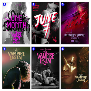 Könnte beinhalten: Eine Sammlung von sechs Werbeplakaten für The Vampire Lestat mit Schwarz-Weiß-Fotografien eines langhaarigen Musikers, leuchtend pinken und goldenen Textelementen sowie AMC-Branding. Die Grafiken enthalten Daten und Serientitel.