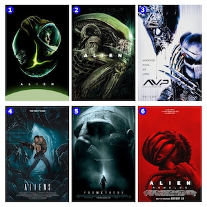 May include: A collection of six film posters. The posters feature the titles "Alien", "Aliens", "Prometheus", "Alien vs Predator", and "Alien: Romulus". The posters have various colour schemes and imagery, including alien creatures and human figures.