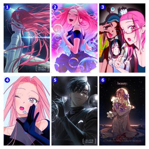May include: A set of six anime-style illustrations. The images showcase characters with pink hair, bright colours, and dynamic poses. Some images include text such as "beauty" and "Alien Stage". The overall theme is artistic and visually striking.