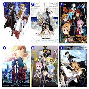 Peut inclure: Collection de six affiches d'anime mettant en vedette des personnages de "Sword Art Online". Les affiches présentent diverses scènes et personnages, avec des couleurs vives et des compositions dynamiques. Chaque affiche a du texte japonais et des titres anglais.