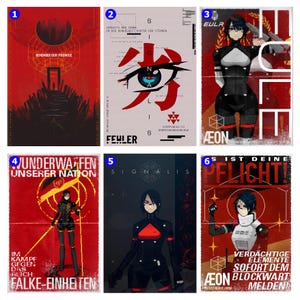 May include: A collection of six digital art prints with a retro aesthetic. Each poster features a character in a futuristic setting, with bold text and a red, black, and white color scheme. The prints include phrases like "Remember Our Promise" and "Signal".