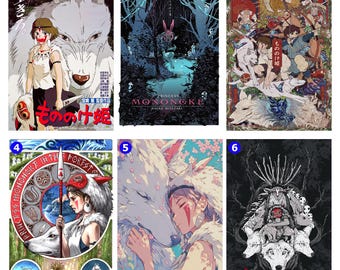 May include: Collection of anime-style art prints featuring characters and scenes from the movie "Princess Mononoke." The images showcase a variety of illustrations, including characters with wolves, forest settings, and Japanese text.