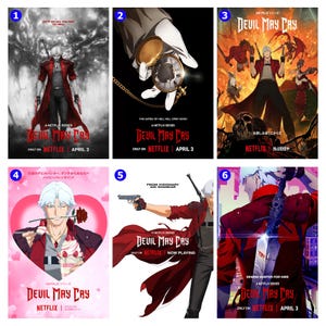 May include: Six promotional posters for the anime series "Devil May Cry" on Netflix. The posters feature stylized illustrations of characters in action poses, with text including the series title, Netflix branding, and the release date of April 3.