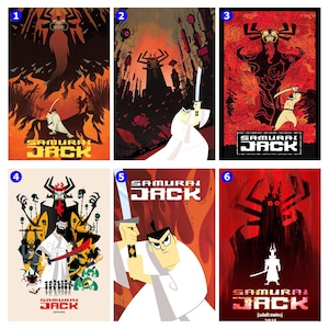 May include: A collection of six vibrant posters featuring the animated series "Samurai Jack." Each poster showcases dynamic scenes with the character Jack, his sword, and various villains, set against fiery backgrounds. The show's logo is prominently displayed.
