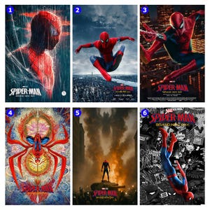 May include: A collection of six Spider-Man Brand New Day movie posters featuring various artistic interpretations of the character in red and blue suits, including action poses, urban settings, and graphic comic book style backgrounds with text.
