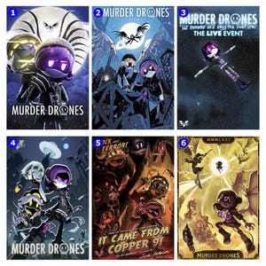 May include: A collection of six comic book covers featuring characters from "Murder Drones." The covers showcase various scenes with the characters, including a character with purple hair and a robotic appearance. The text "Murder Drones" is prominently displayed on several covers.