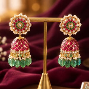 Könnte beinhalten: Ein Paar goldfarbene Jhumka-Ohrringe mit einem runden Ohrstecker, der mit roter und grüner Emaille sowie klaren Steinen verziert ist. Die glockenförmige Basis zeigt rote Emaille, klare Steine und einen Saum aus grünen Perlen und weißen Perlen.